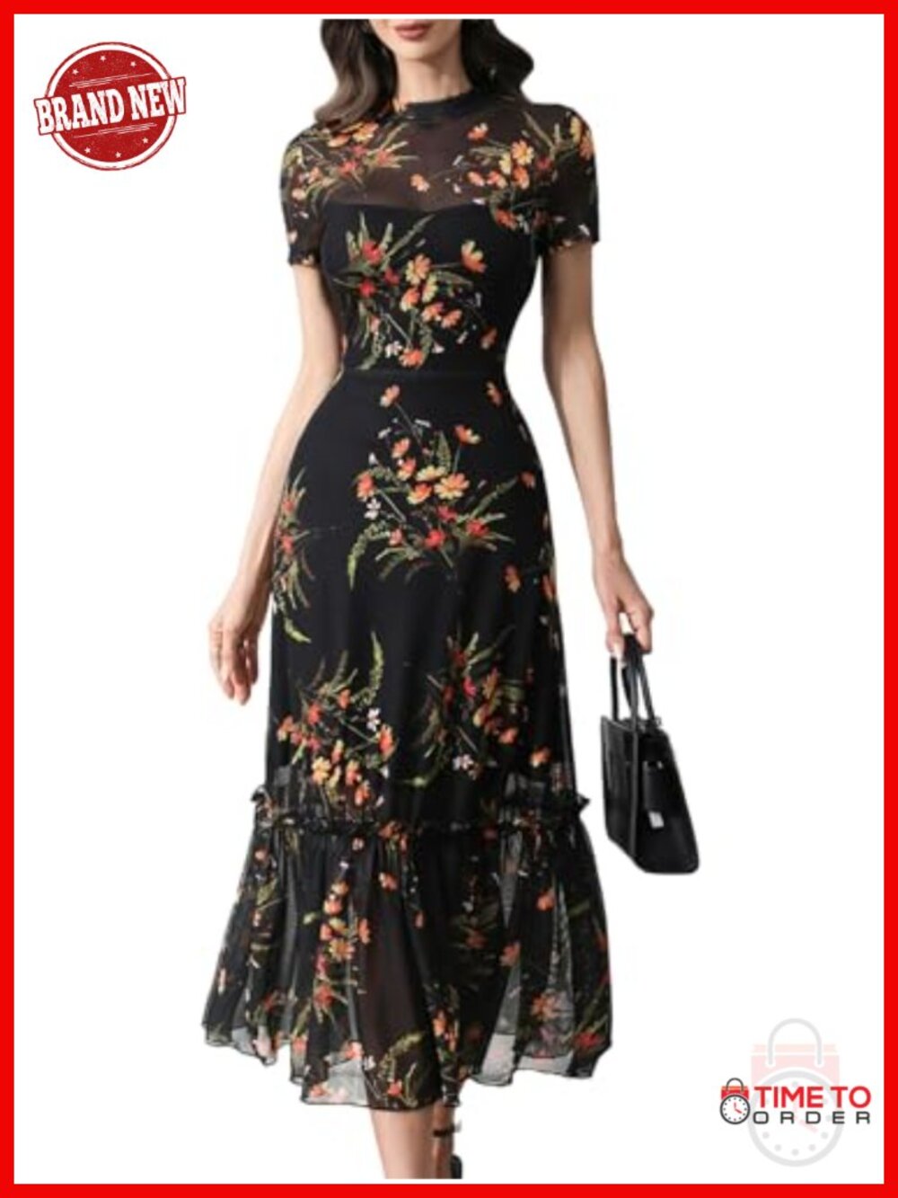 Women's Floral Mesh Ruffle A-Line Maxi Dress Wedding Guest Summer